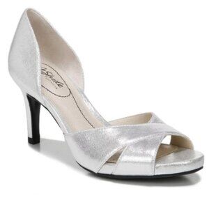 New!  Lifestride Womens Mykonos Silver Sparkle Dress Sandals Heels Shoes NIB